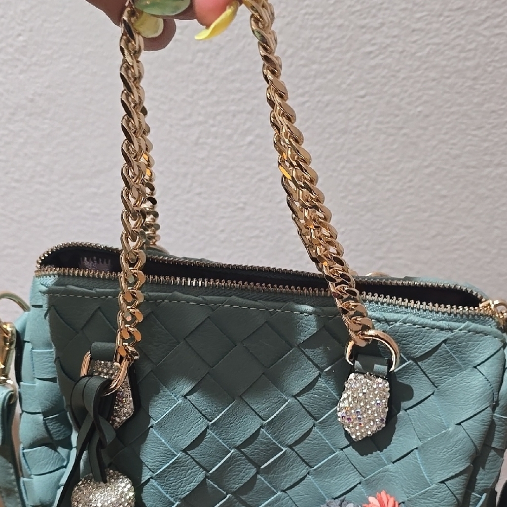 Teal Woven Handbag with Chain Detail Great For Summer Can Be Crossbody Bag - Picture 2 of 8